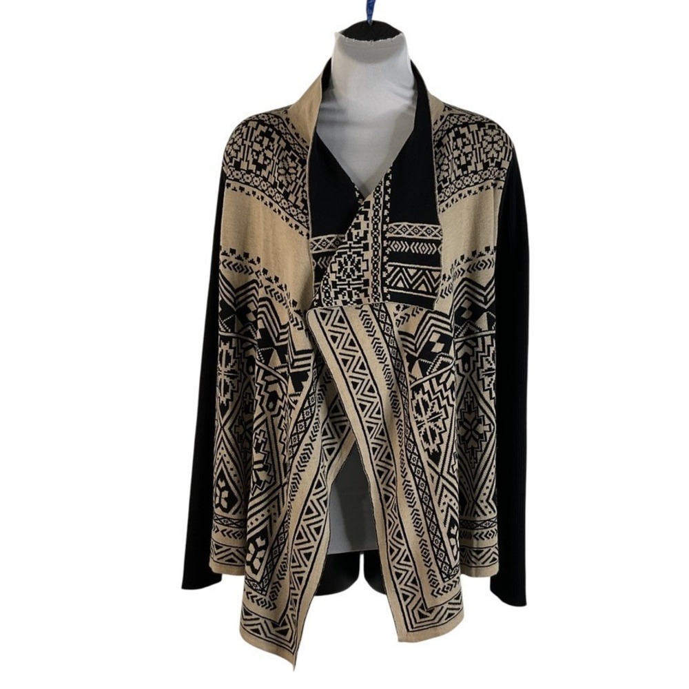 Lucky Brand Aztec Waterfall‎ Open Front Cardigan Sweater Black & Tan Size Medium